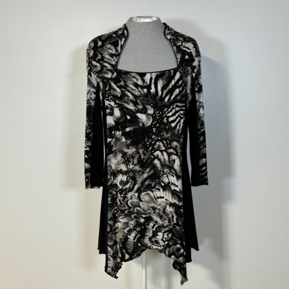 Joseph Ribkoff Dress Women’s 14 Black White Sparkles Midi Asymmetric Floral